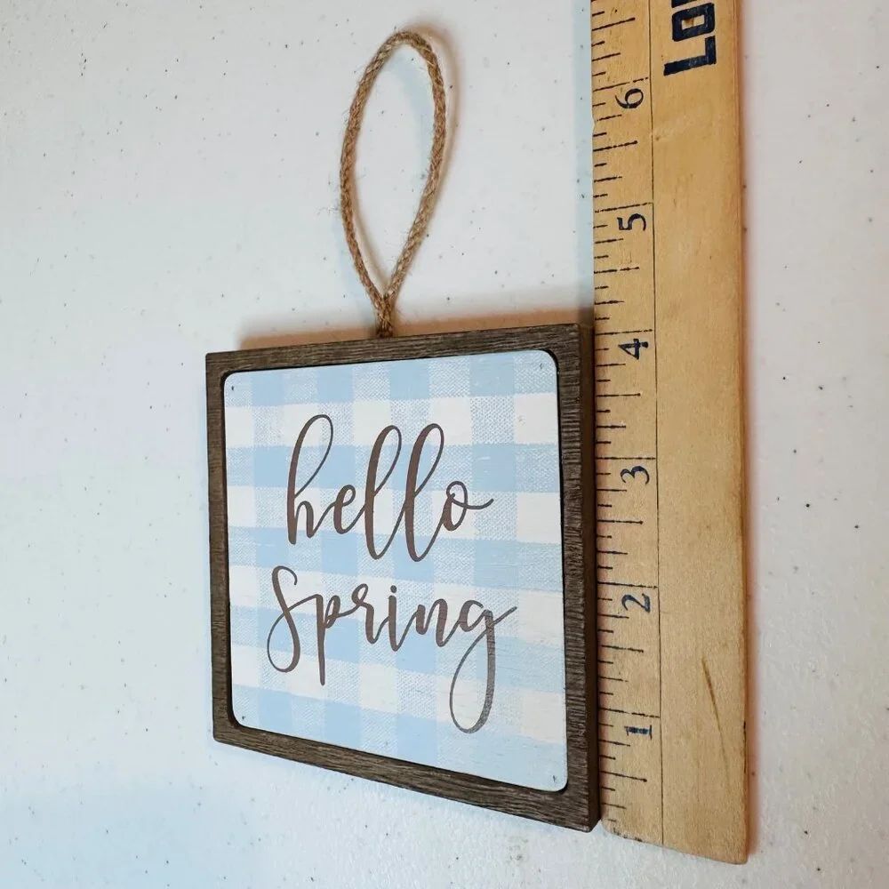 Small HELLO SPRING wood sign AND Easter Bunny Buffalo plaid spring tiered tray